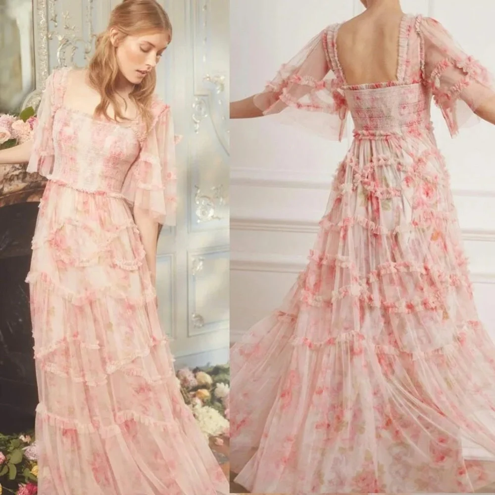 Needle & Thread Pink Floral Tiered Tulle Midi Dress - Picture 7 of 14